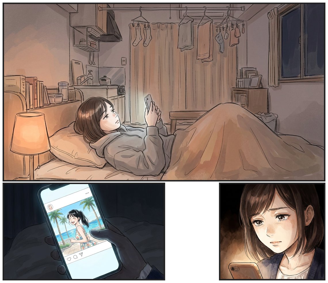 ページ3 部屋でSNSを見るミキ。スマホの画面には海外の海辺で笑う友人の投稿が写っている